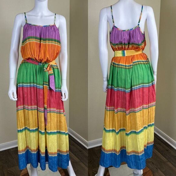 Current Air Women's Size XS Rainbow Pleated Cami Slip Maxi Dress Resort Coastal - Picture 1 of 14